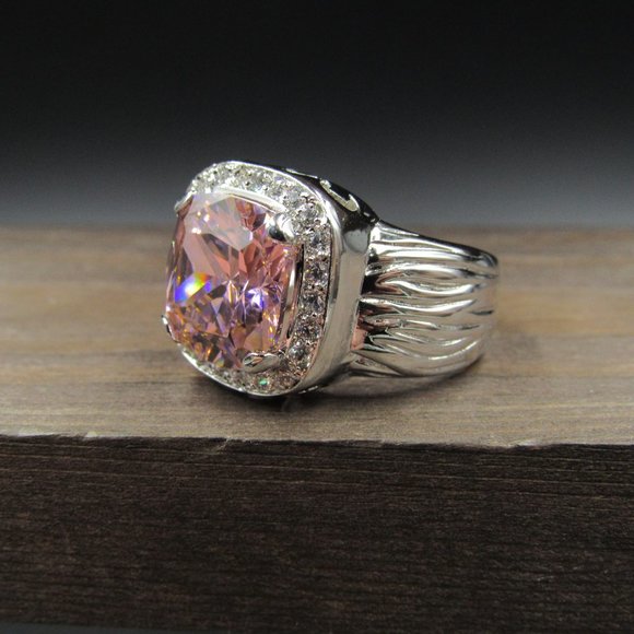 Size 8 Silver Tone Large Square Pink CZ Band Ring - Picture 2 of 6